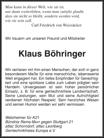 Traueranzeige von Klaus Böhringer von Waiblinger Kreiszeitung