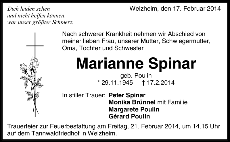 Traueranzeige für Marianne Spinar vom 19.02.2014 aus Waiblinger Kreiszeitung