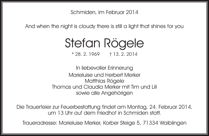  Traueranzeige für Stefan Rögele vom 20.02.2014 aus Waiblinger Kreiszeitung