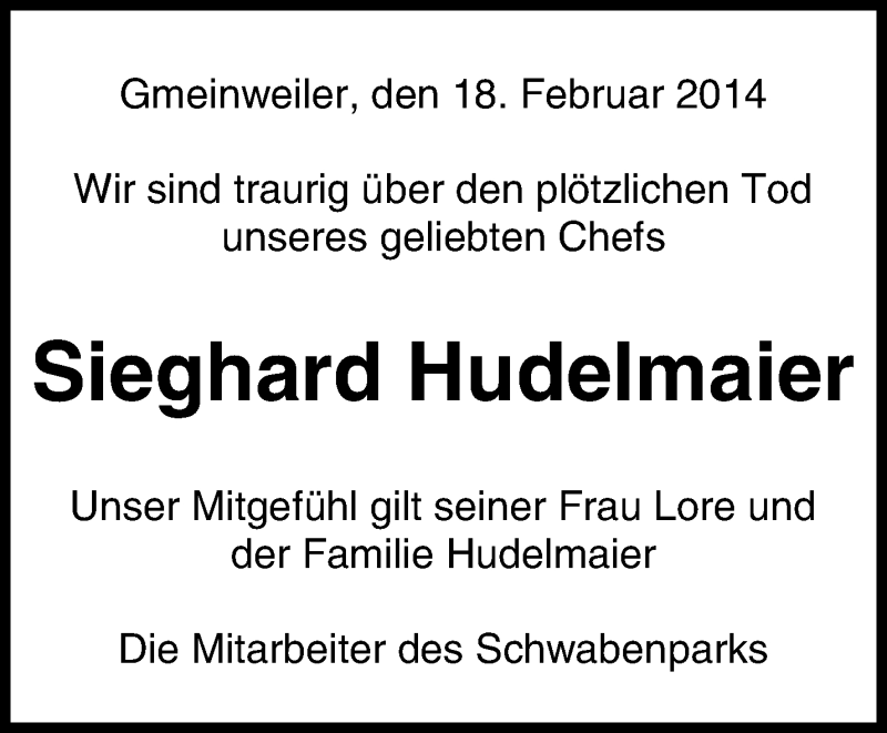  Traueranzeige für Sieghard Hudelmaier vom 20.02.2014 aus Waiblinger Kreiszeitung