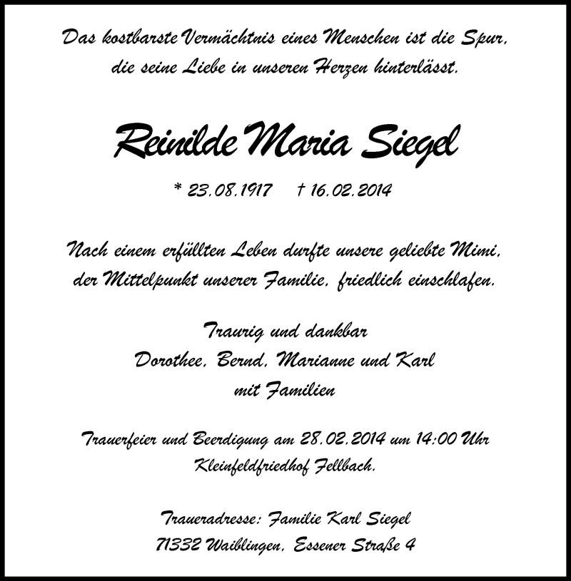  Traueranzeige für Reinilde Maria Siegel vom 22.02.2014 aus Waiblinger Kreiszeitung