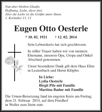 Traueranzeige von Eugen Otto Oesterle von Waiblinger Kreiszeitung