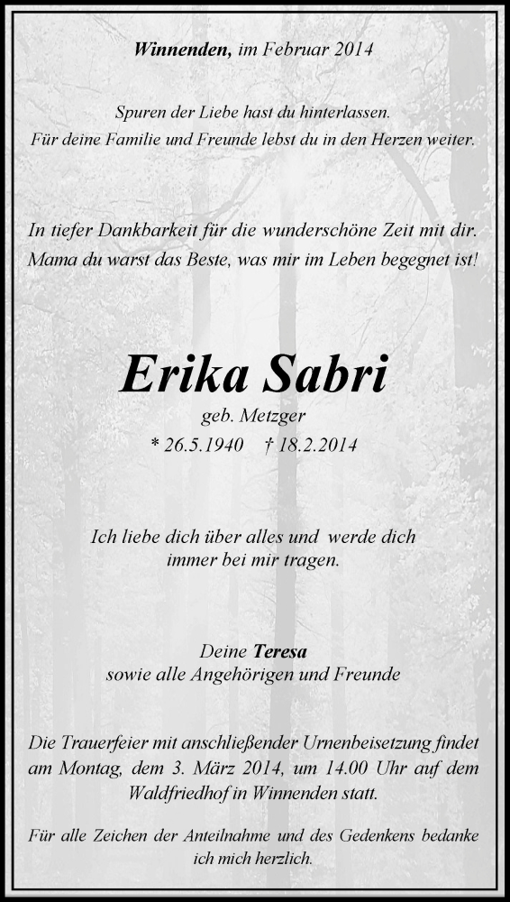  Traueranzeige für Erika Sabri vom 26.02.2014 aus Waiblinger Kreiszeitung