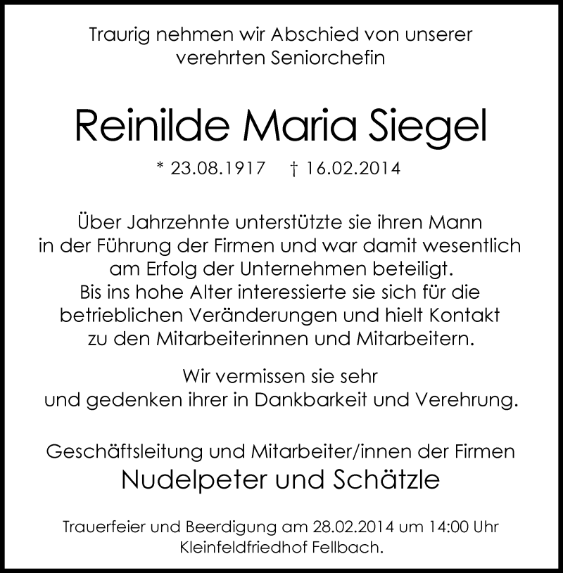  Traueranzeige für Reinilde Maria Siegel vom 22.02.2014 aus Waiblinger Kreiszeitung