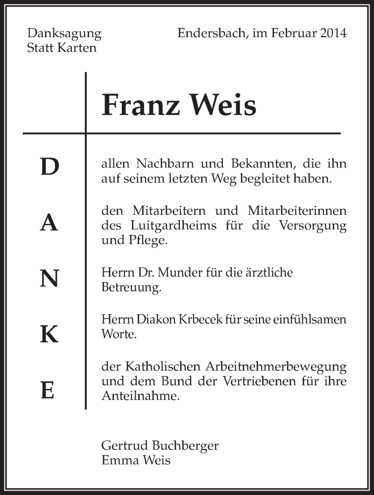  Traueranzeige für Franz Weis vom 22.02.2014 aus Waiblinger Kreiszeitung