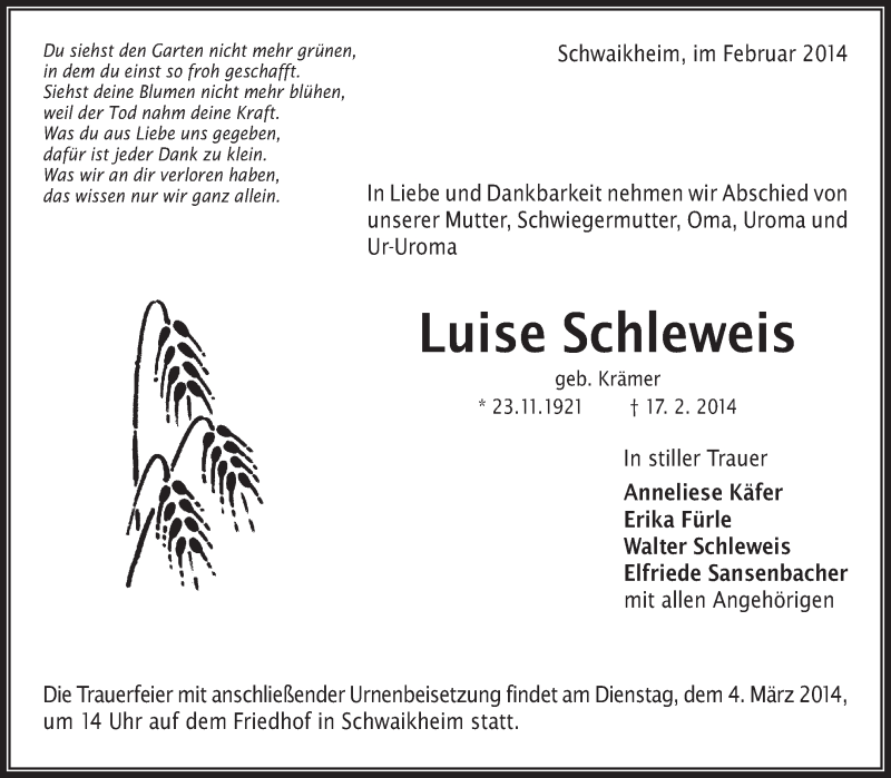  Traueranzeige für Luise Schleweis vom 27.02.2014 aus Waiblinger Kreiszeitung