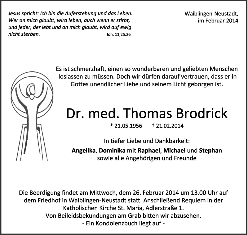  Traueranzeige für med. Thomas Brodrick vom 24.02.2014 aus Waiblinger Kreiszeitung