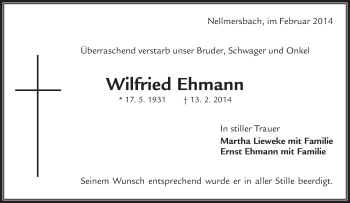 Traueranzeige von Wilfried Ehmann von Waiblinger Kreiszeitung