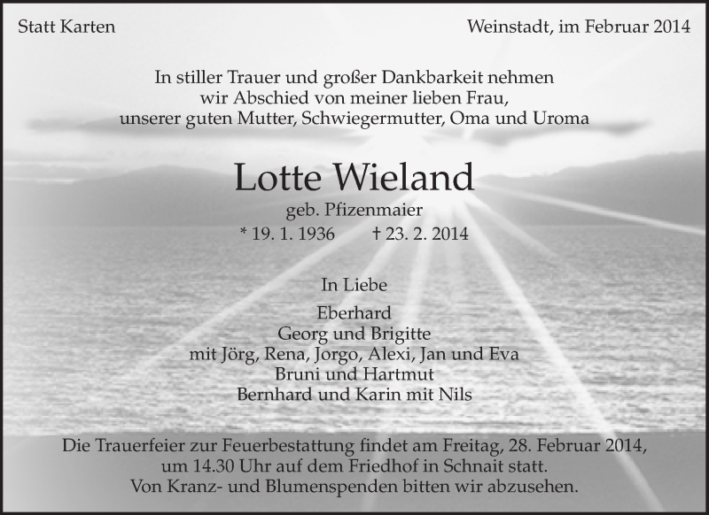  Traueranzeige für Lotte Wieland vom 26.02.2014 aus Waiblinger Kreiszeitung