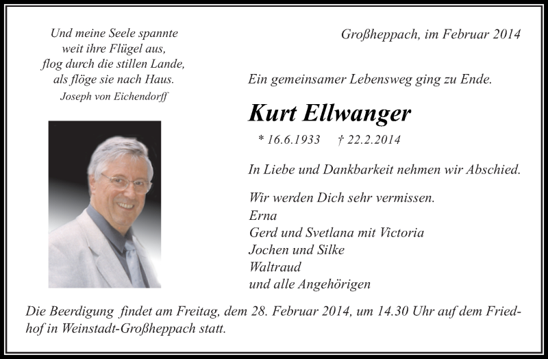 Traueranzeige für Kurt Ellwanger vom 26.02.2014 aus Waiblinger Kreiszeitung