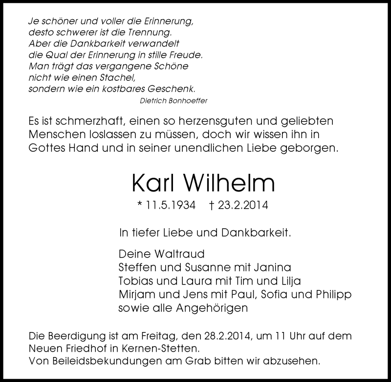  Traueranzeige für Karl Wilhelm vom 26.02.2014 aus Waiblinger Kreiszeitung