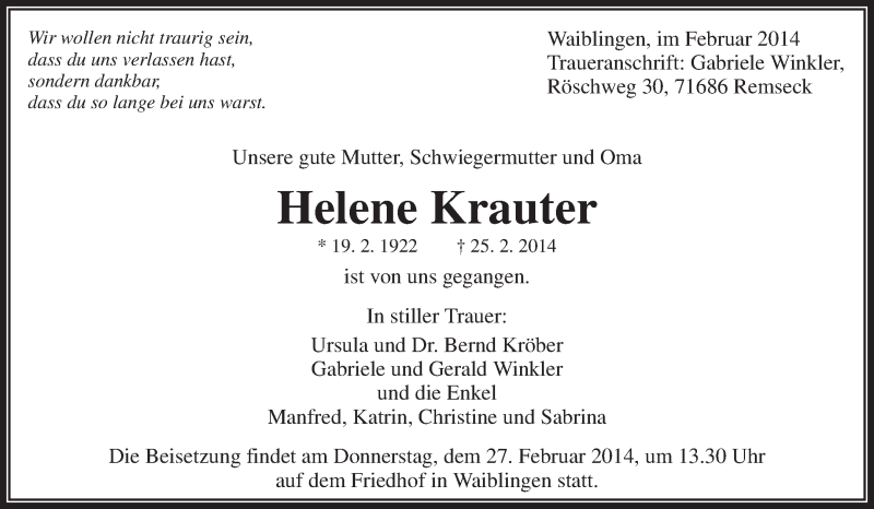 Traueranzeige für Helene Krauter vom 26.02.2014 aus Waiblinger Kreiszeitung