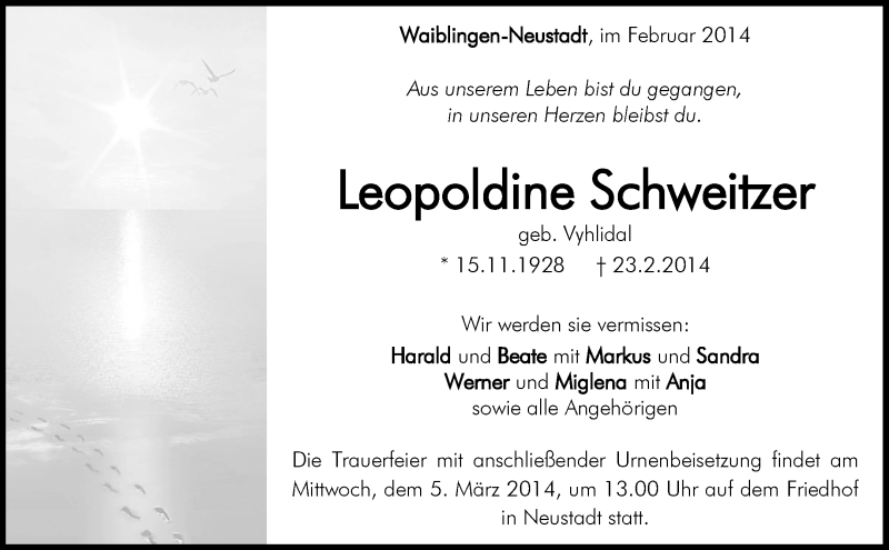  Traueranzeige für Leopoldine Schweitzer vom 28.02.2014 aus Waiblinger Kreiszeitung
