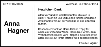 Traueranzeige von Anna Hagner von Waiblinger Kreiszeitung