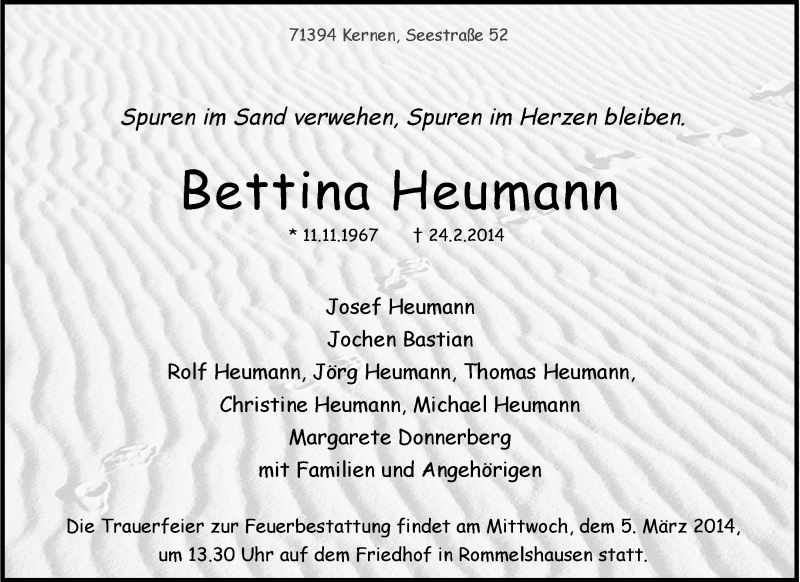  Traueranzeige für Bettina Heumann vom 27.02.2014 aus Waiblinger Kreiszeitung