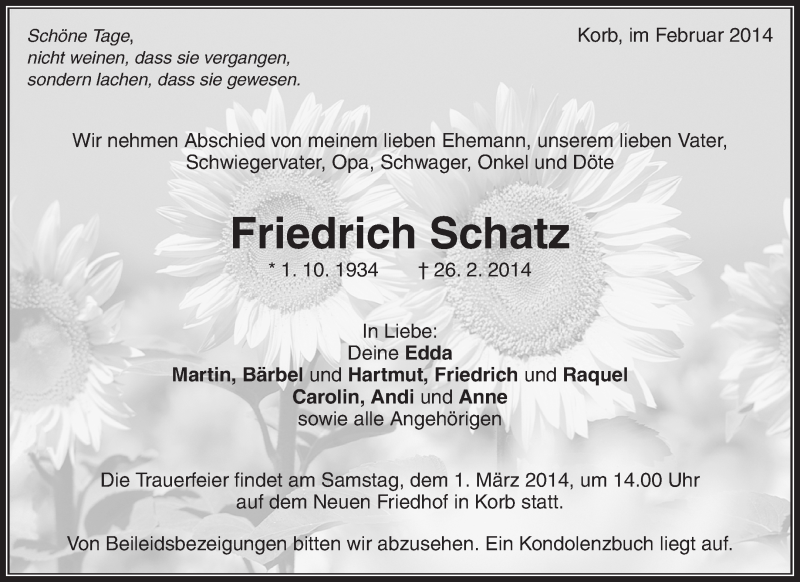  Traueranzeige für Friedrich Schatz vom 28.02.2014 aus Waiblinger Kreiszeitung