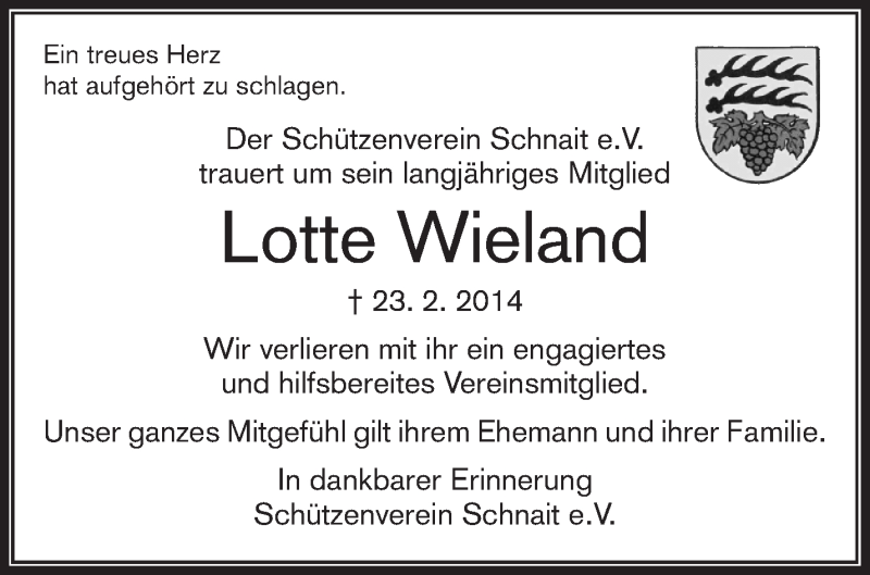  Traueranzeige für Lotte Wieland vom 28.02.2014 aus Waiblinger Kreiszeitung