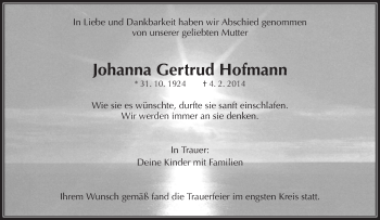 Traueranzeige von Johanna Gertrud Hofmann von Waiblinger Kreiszeitung