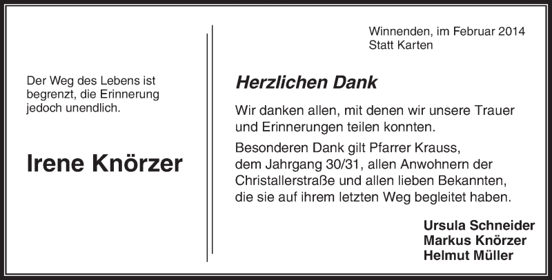  Traueranzeige für Irene Knörzer vom 01.03.2014 aus Waiblinger Kreiszeitung