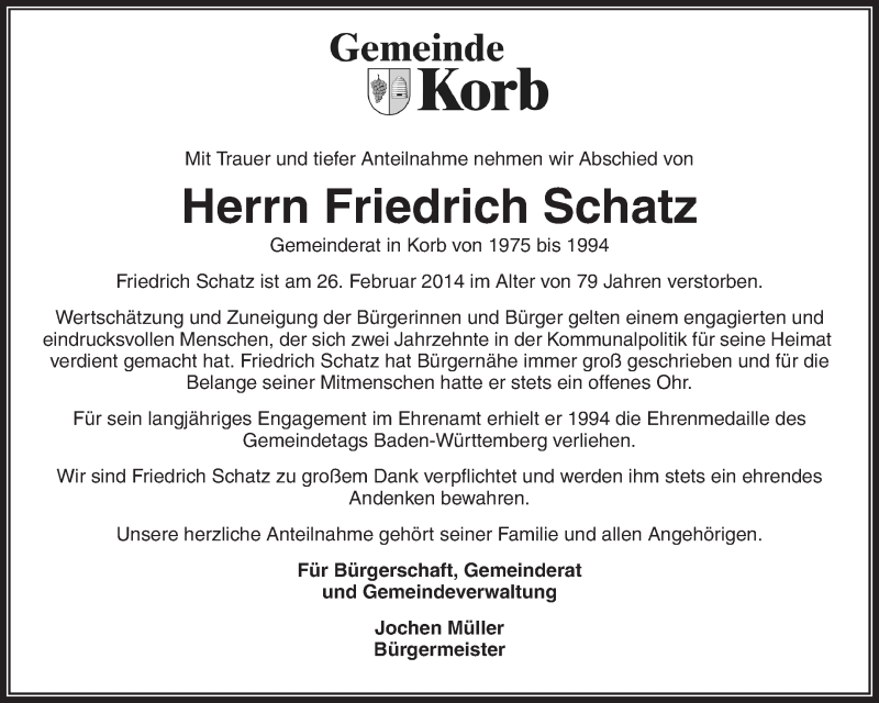  Traueranzeige für Friedrich Schatz vom 01.03.2014 aus Waiblinger Kreiszeitung