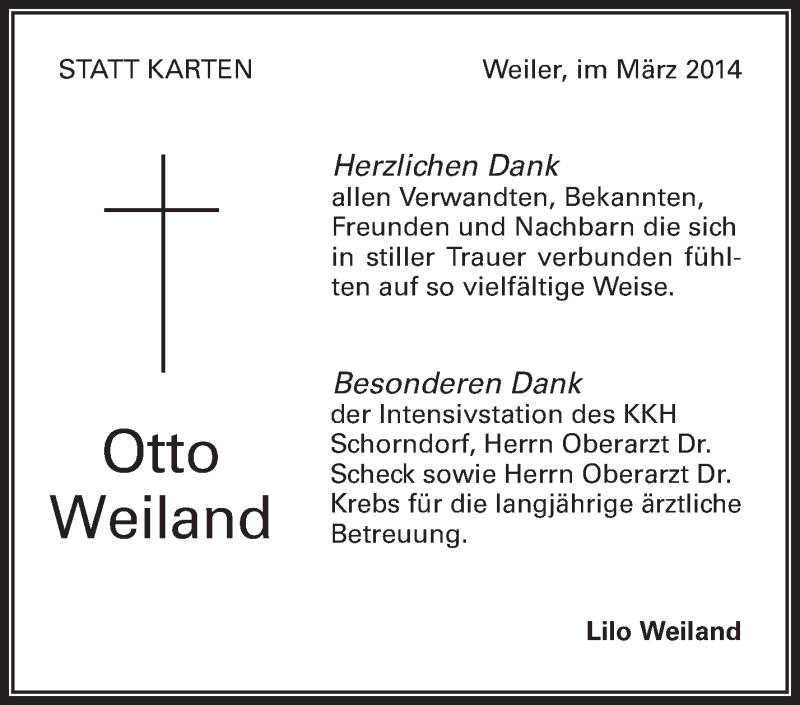  Traueranzeige für Otto Weiland vom 03.03.2014 aus Waiblinger Kreiszeitung