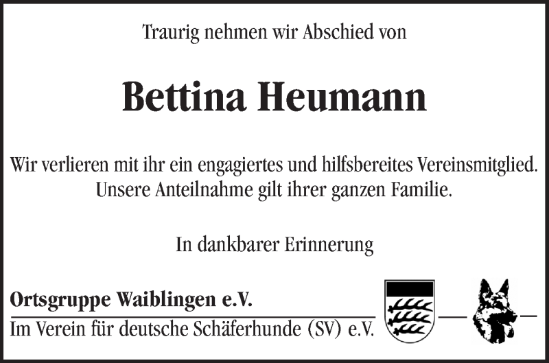  Traueranzeige für Bettina Heumann vom 01.03.2014 aus Waiblinger Kreiszeitung