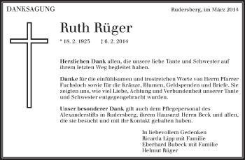 Traueranzeige von Ruth Rüger von Waiblinger Kreiszeitung