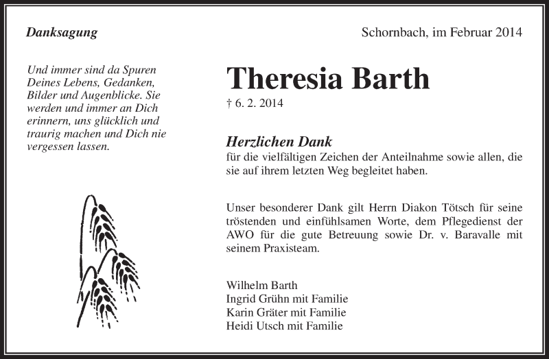  Traueranzeige für Theresia Barth vom 04.03.2014 aus Waiblinger Kreiszeitung