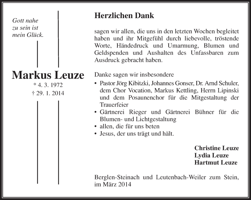  Traueranzeige für Markus Leuze vom 08.03.2014 aus Waiblinger Kreiszeitung