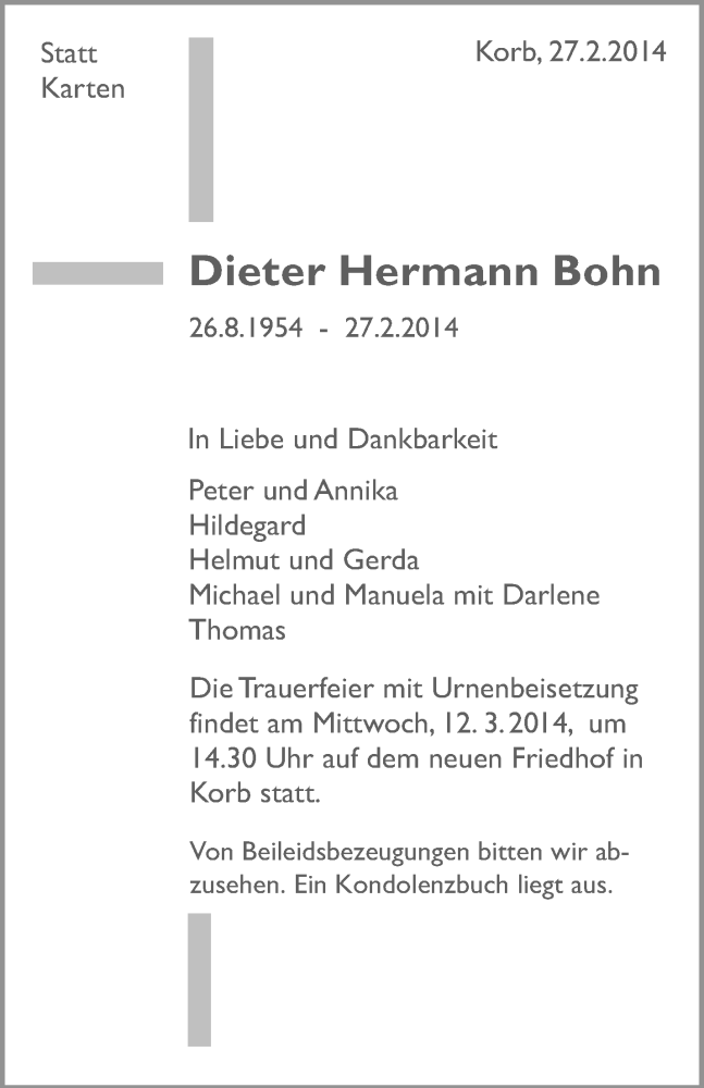  Traueranzeige für Dieter Hermann Bohn vom 07.03.2014 aus Waiblinger Kreiszeitung