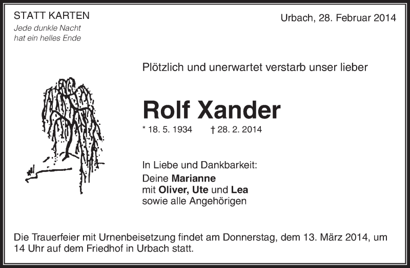  Traueranzeige für Rolf Xander vom 08.03.2014 aus Waiblinger Kreiszeitung
