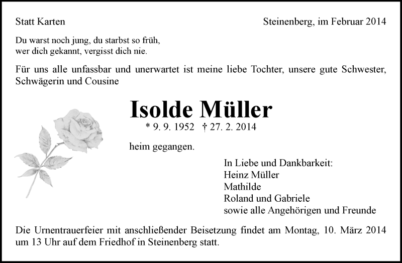  Traueranzeige für Isolde Müller vom 07.03.2014 aus Waiblinger Kreiszeitung