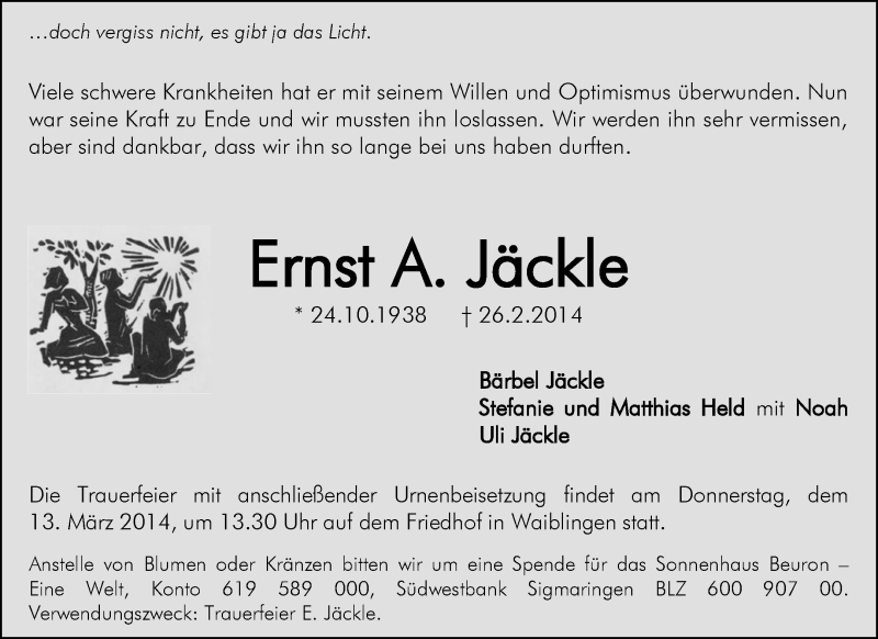  Traueranzeige für Ernst Jäckle vom 06.03.2014 aus Waiblinger Kreiszeitung