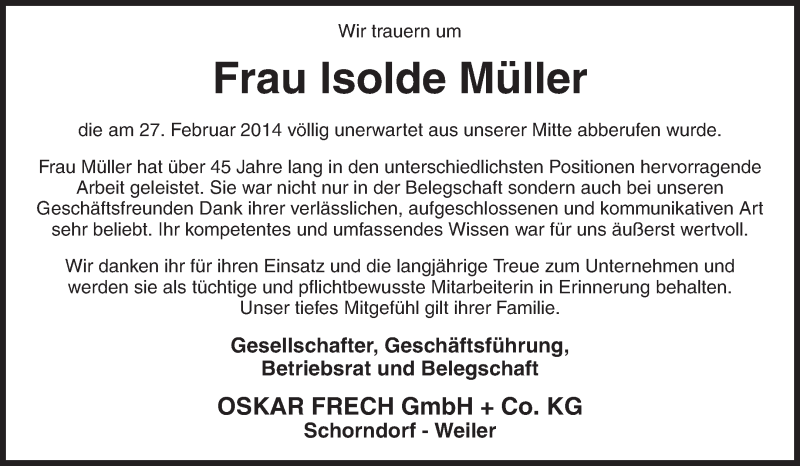  Traueranzeige für Isolde Müller vom 07.03.2014 aus Waiblinger Kreiszeitung