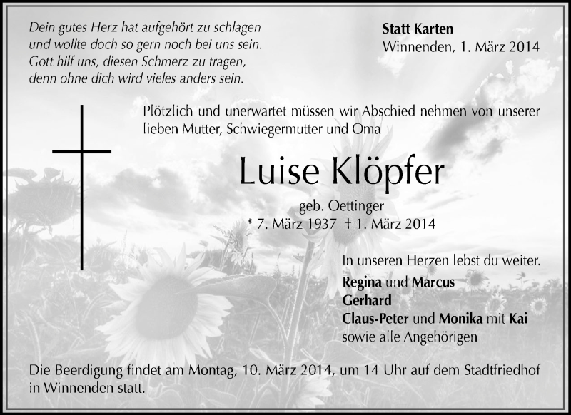  Traueranzeige für Luise Klöpfer vom 06.03.2014 aus Waiblinger Kreiszeitung