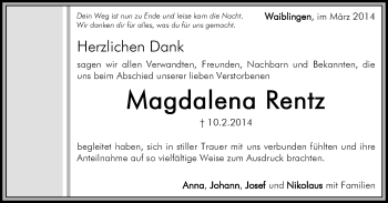 Traueranzeige von Magdalena Rentz von Waiblinger Kreiszeitung