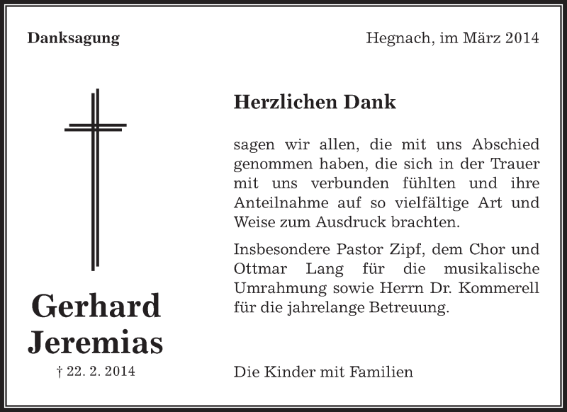  Traueranzeige für Gerhard Jeremias vom 08.03.2014 aus Waiblinger Kreiszeitung