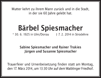 Traueranzeige von Bärbel Spiesmacher von Waiblinger Kreiszeitung