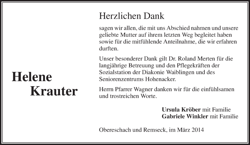  Traueranzeige für Helene Krauter vom 12.03.2014 aus Waiblinger Kreiszeitung