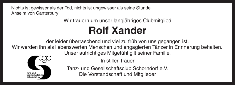  Traueranzeige für Rolf Xander vom 12.03.2014 aus Waiblinger Kreiszeitung