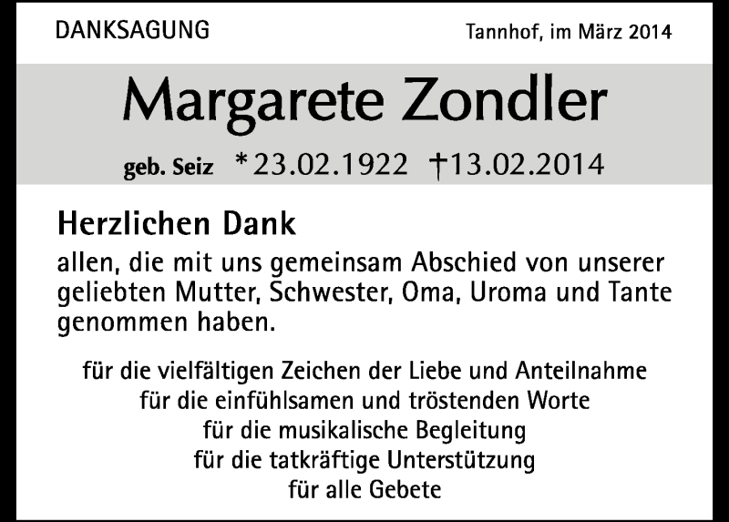  Traueranzeige für Margarete Zondler vom 12.03.2014 aus Waiblinger Kreiszeitung
