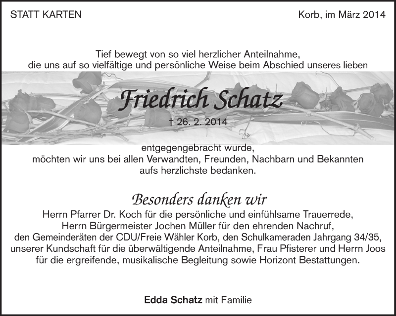  Traueranzeige für Friedrich Schatz vom 12.03.2014 aus Waiblinger Kreiszeitung
