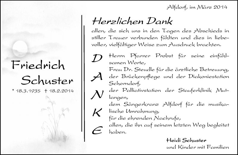  Traueranzeige für Friedrich Schuster vom 13.03.2014 aus Waiblinger Kreiszeitung