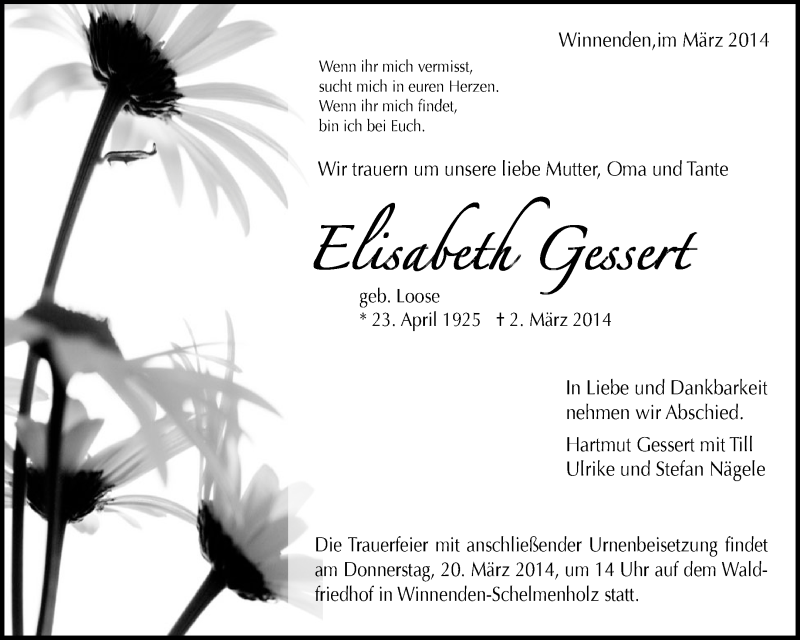  Traueranzeige für Elisabeth Gessert vom 15.03.2014 aus Waiblinger Kreiszeitung