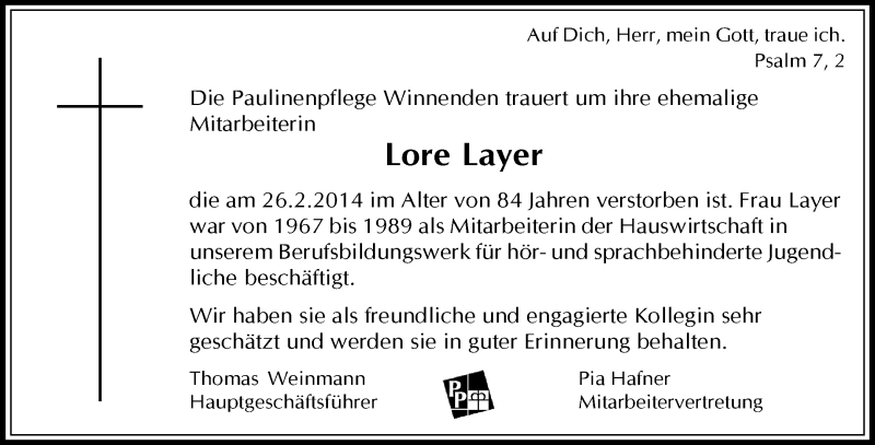  Traueranzeige für Lore Layer vom 17.03.2014 aus Waiblinger Kreiszeitung