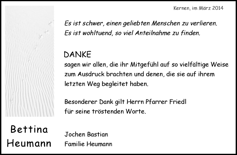  Traueranzeige für Bettina Heumann vom 15.03.2014 aus Waiblinger Kreiszeitung