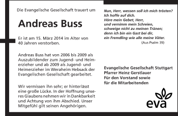 Traueranzeige von Andreas Buss von Waiblinger Kreiszeitung