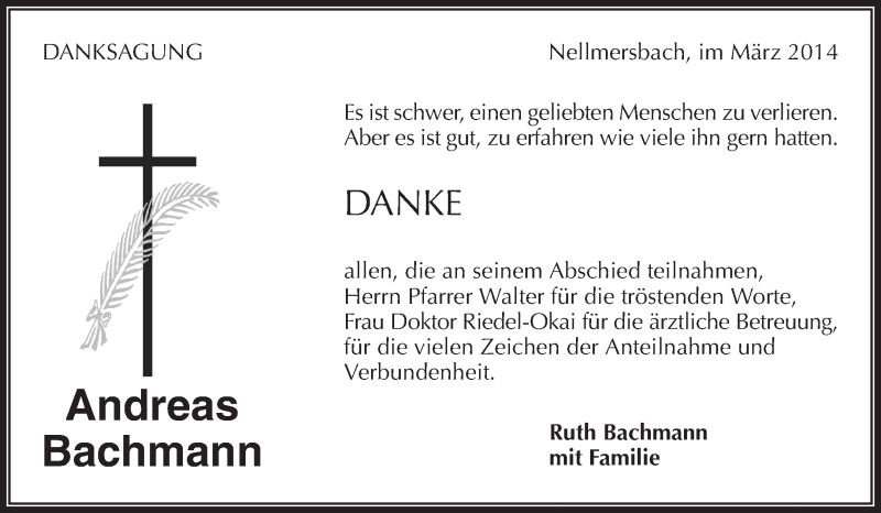  Traueranzeige für Andreas Bachmann vom 27.03.2014 aus Waiblinger Kreiszeitung