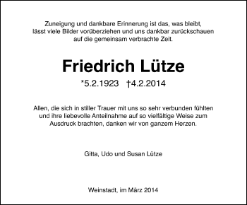 Traueranzeige von Friedrich Lütze von Waiblinger Kreiszeitung
