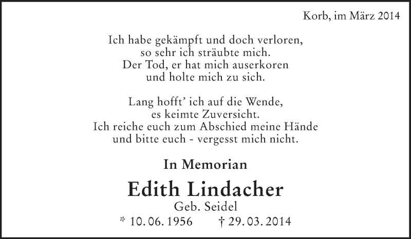  Traueranzeige für Edith Lindacher vom 05.04.2014 aus Waiblinger Kreiszeitung